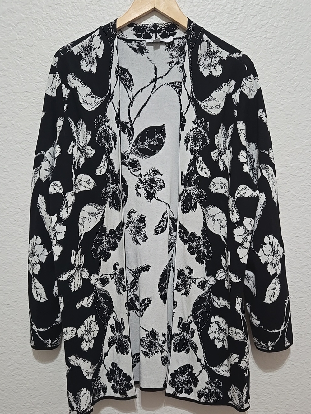 Chico's Black and White Floral Open-Front Cardigan